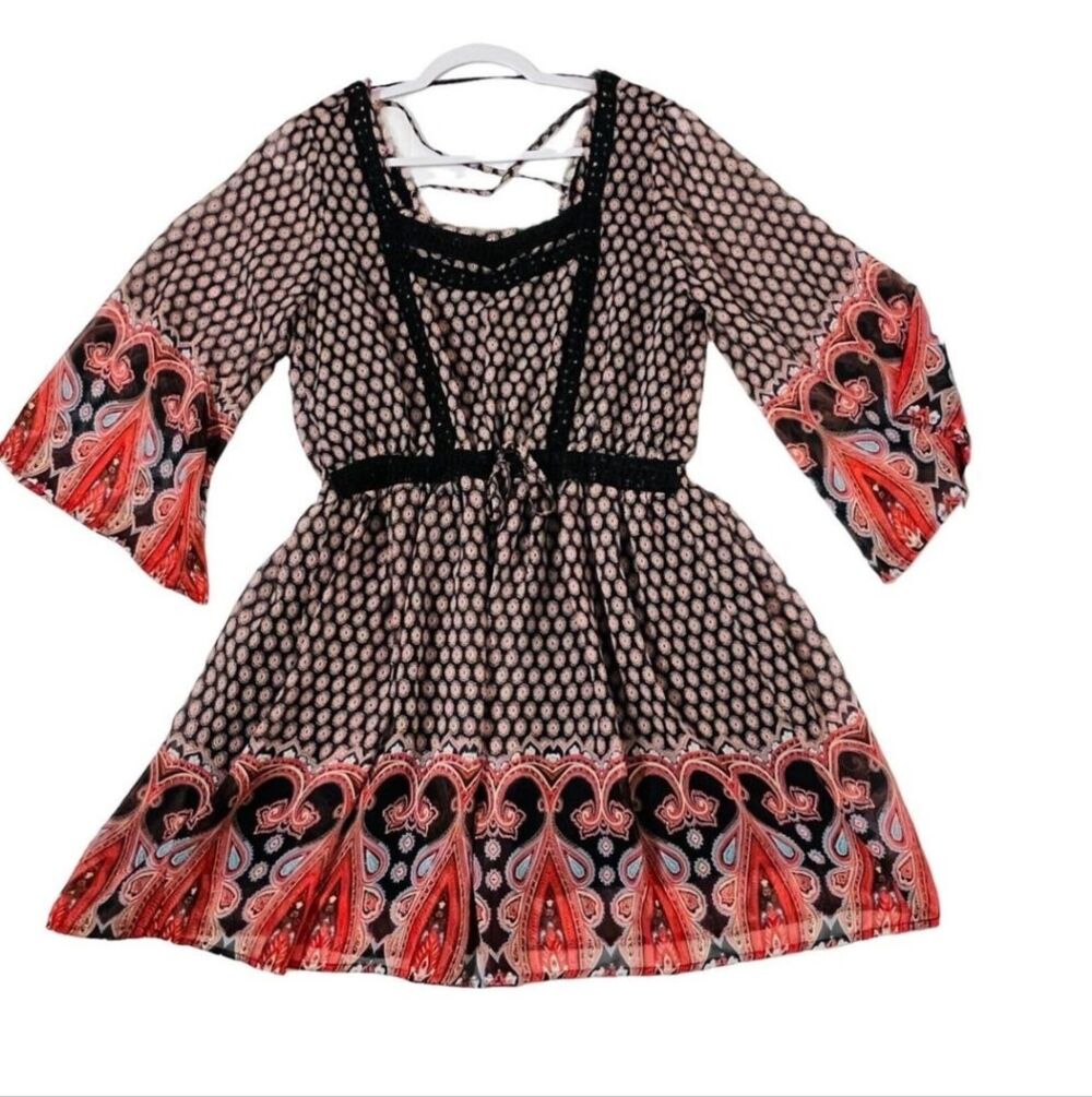 Miss Me Bell Sleeves Paisley Peasant Boho Mini Dress, Sz L